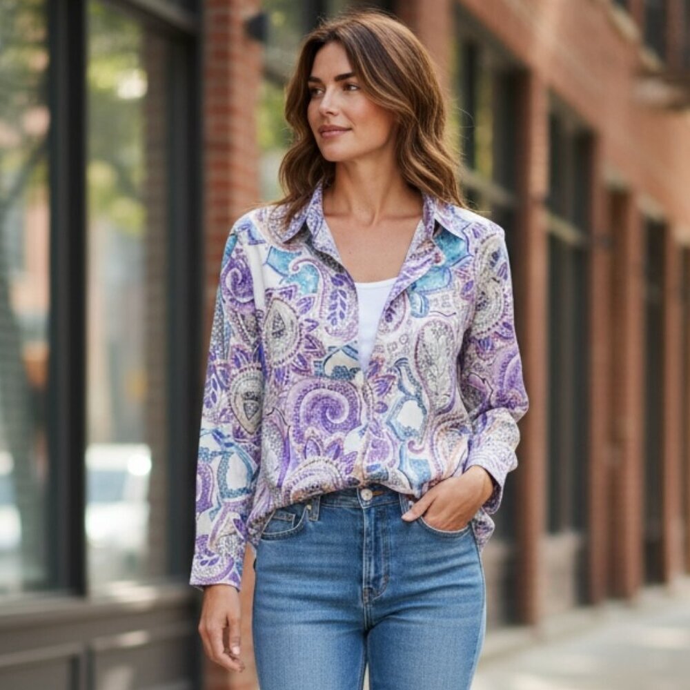 Chico's No-Iron Button‎ Front Blouse Paisley Print Sz 2 (L/12) #201A